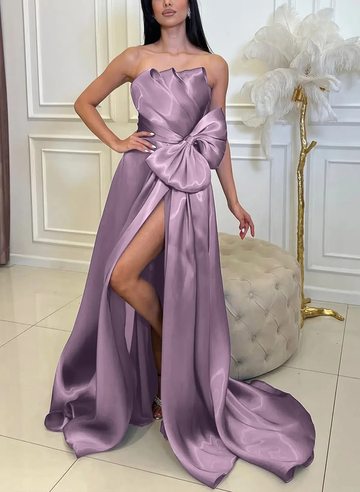 Elegant A-Line Strapless Pleated High Slit Lavender Floor-Length Prom Dress With Bow