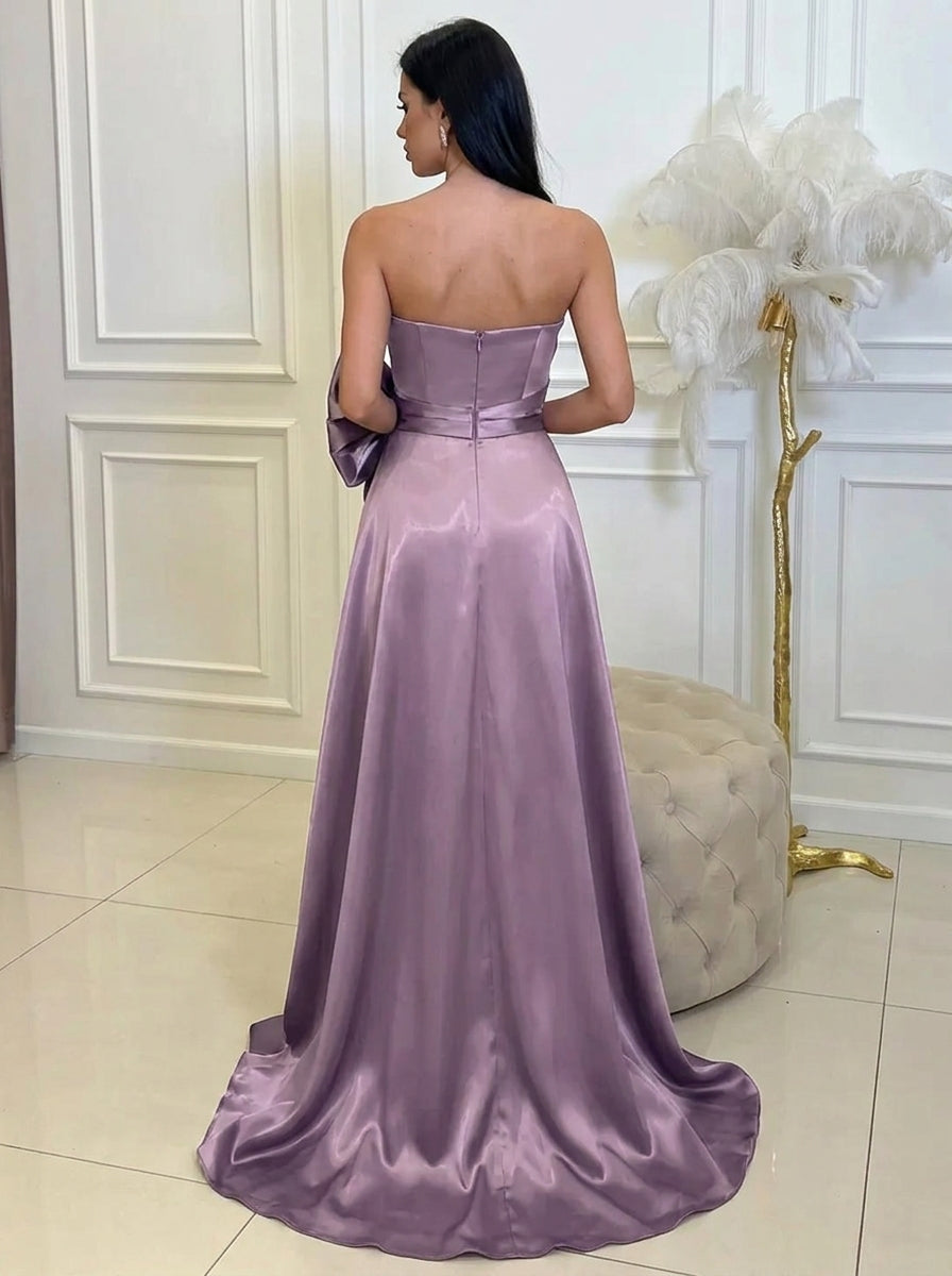 Elegant A-Line Strapless Pleated High Slit Lavender Floor-Length Prom Dress With Bow
