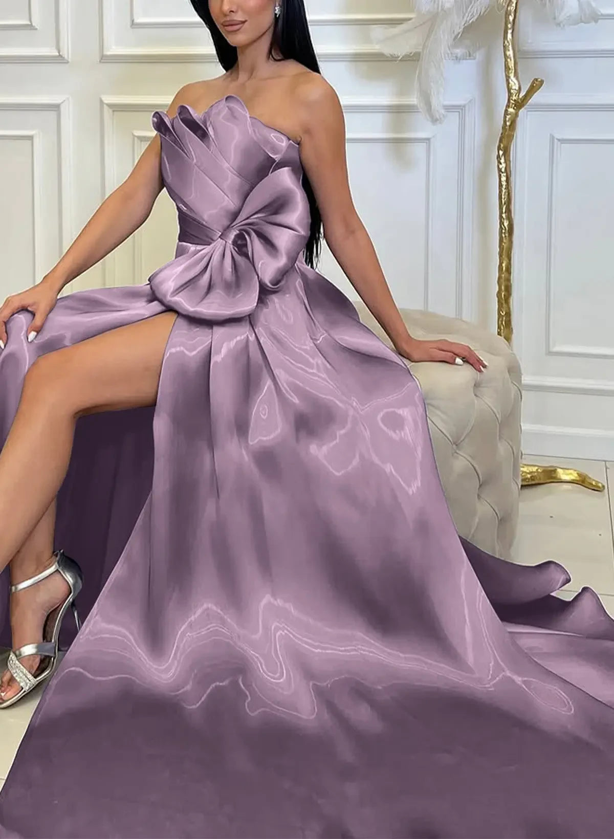 Elegant A-Line Strapless Pleated High Slit Lavender Floor-Length Prom Dress With Bow