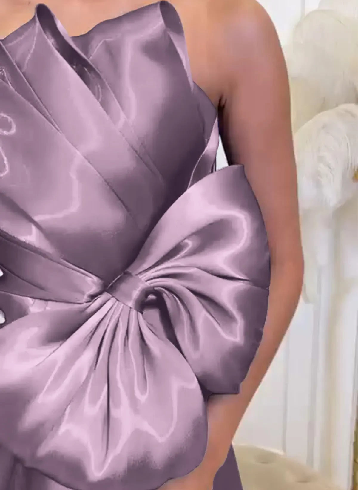 Elegant A-Line Strapless Pleated High Slit Lavender Floor-Length Prom Dress With Bow