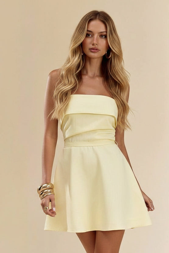 Elegant A-Line Strapless Pleated Tie-Back Light Yellow Mini Homecoming Dress