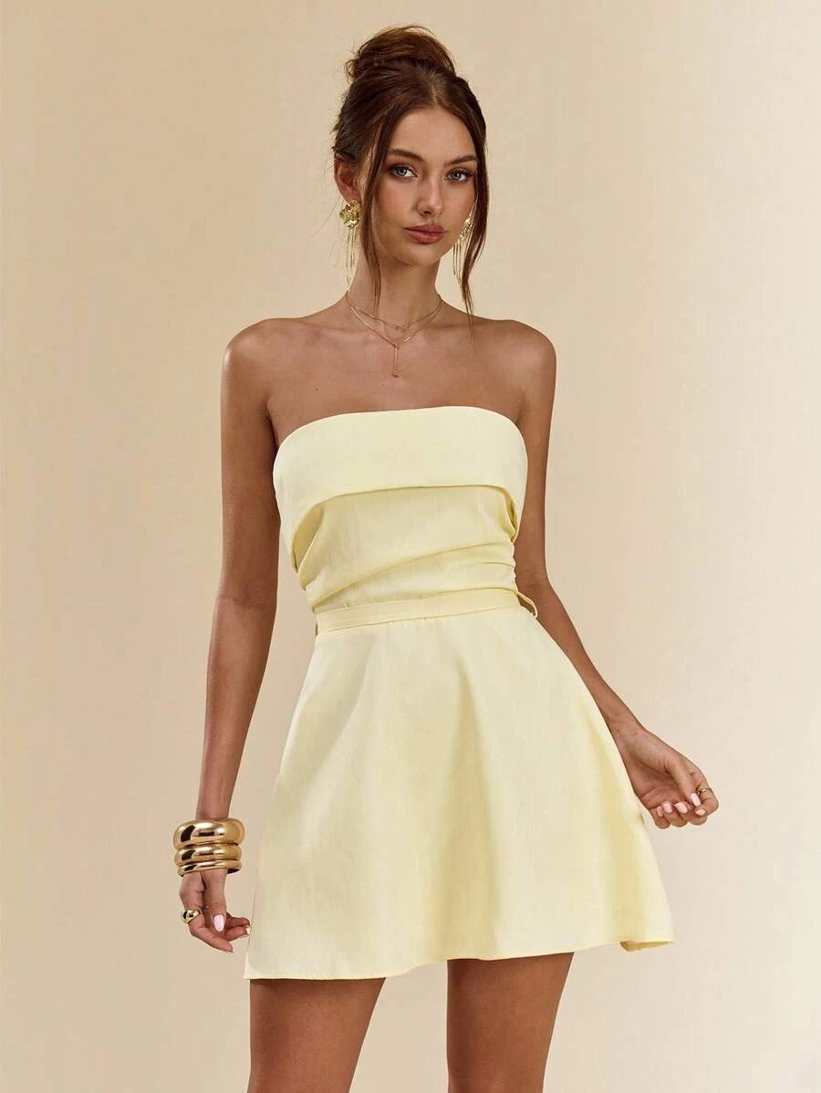 Elegant A-Line Strapless Pleated Tie-Back Light Yellow Mini Homecoming Dress