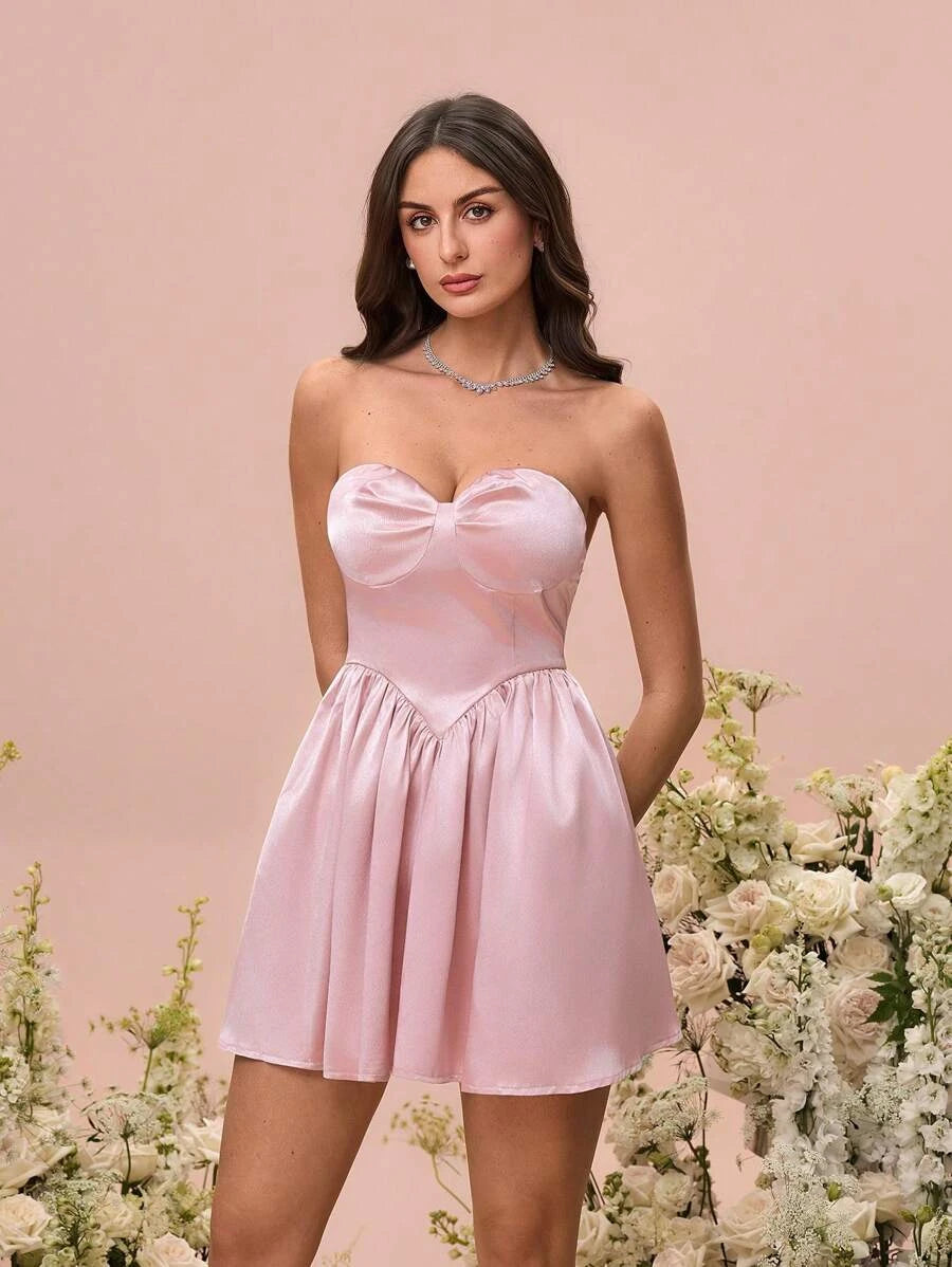 Elegant A-Line Strapless Sweetheart Pleated Satin Blush Pink Mini Homecoming Dress
