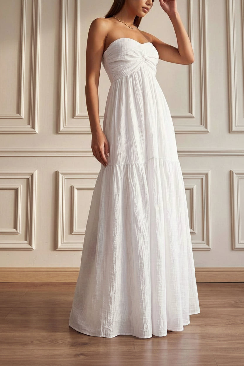 Elegant A-Line Strapless Twisted Tiered Flared White Floor-Length Prom Dress