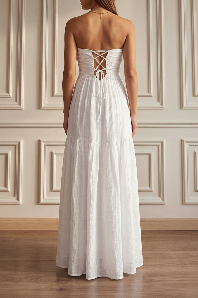Elegant A-Line Strapless Twisted Tiered Flared White Floor-Length Prom Dress