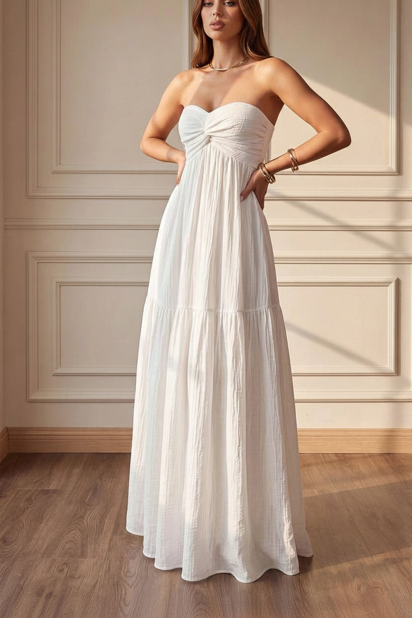 Elegant A-Line Strapless Twisted Tiered Flared White Floor-Length Prom Dress