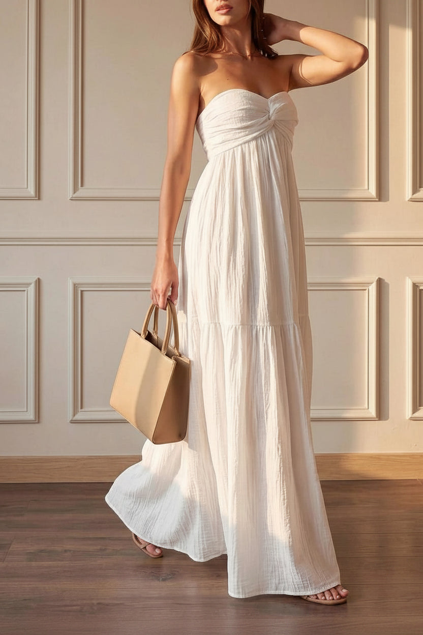 Elegant A-Line Strapless Twisted Tiered Flared White Floor-Length Prom Dress
