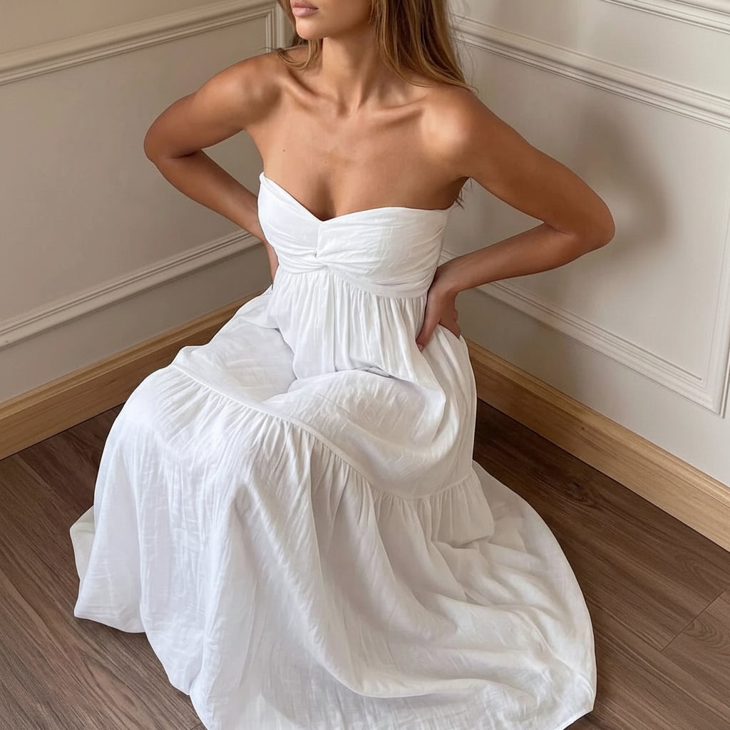 Elegant A-Line Strapless Twisted Tiered Flared White Floor-Length Prom Dress