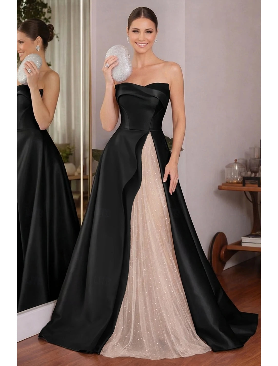 Elegant A-Line Strapless Two-Tone Tulle Black Floor-Length Prom Dress Ready To Ship