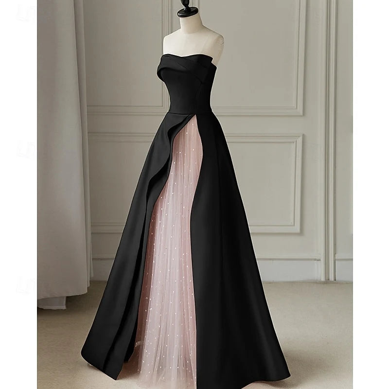 Elegant A-Line Strapless Two-Tone Tulle Black Floor-Length Prom Dress Ready To Ship