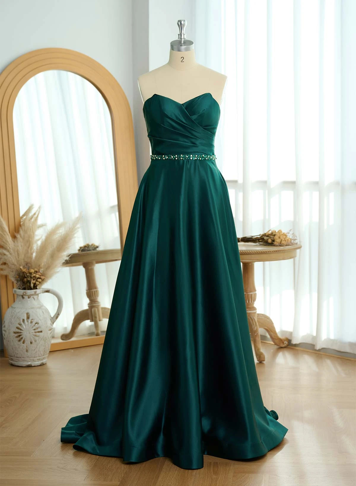 Elegant A-Line Sweetheart Beaded Flowy Emerald Green Floor-Length Prom Dress
