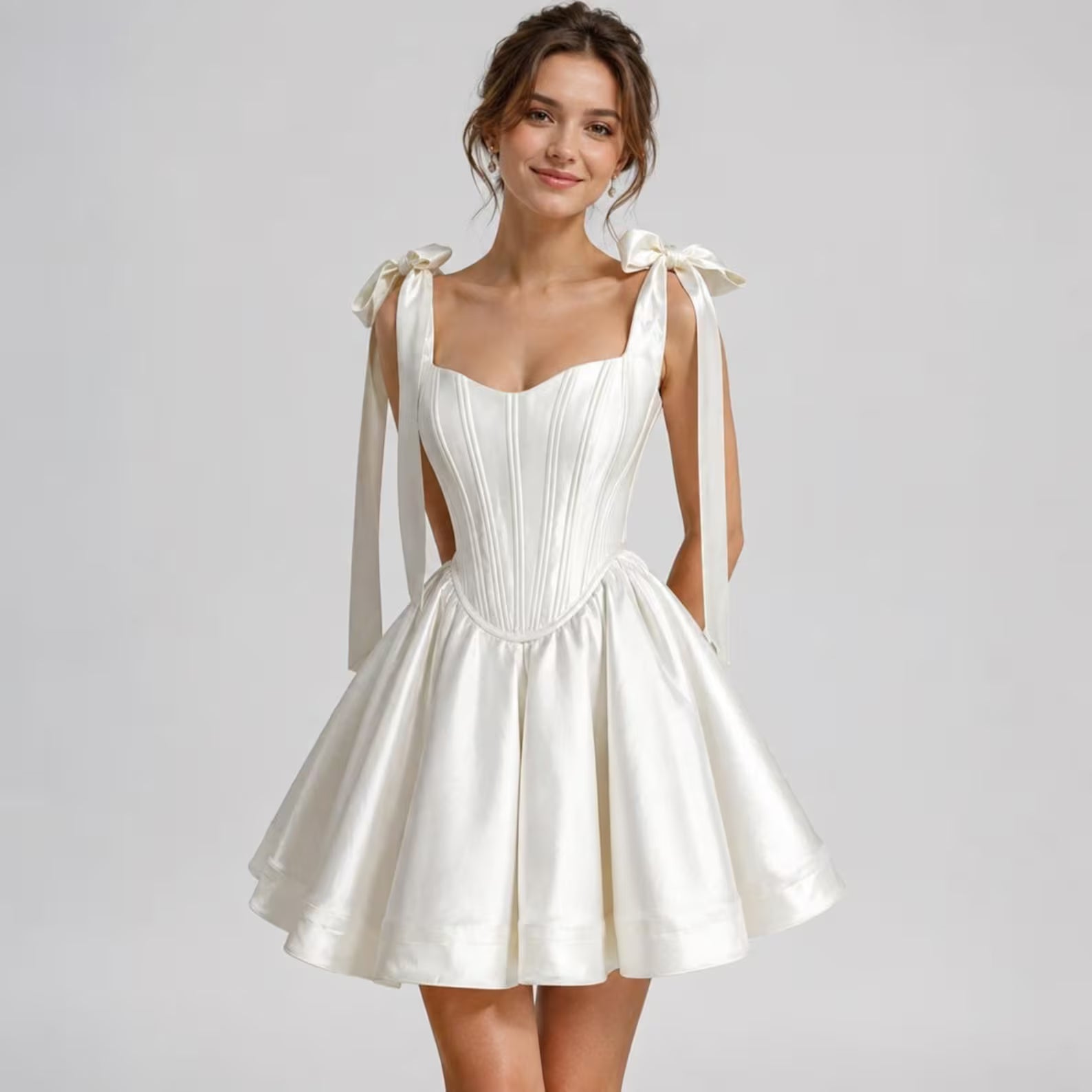 Elegant A-Line Sweetheart Bow-Strap Corset Satin Ivory Short Homecoming Dresses