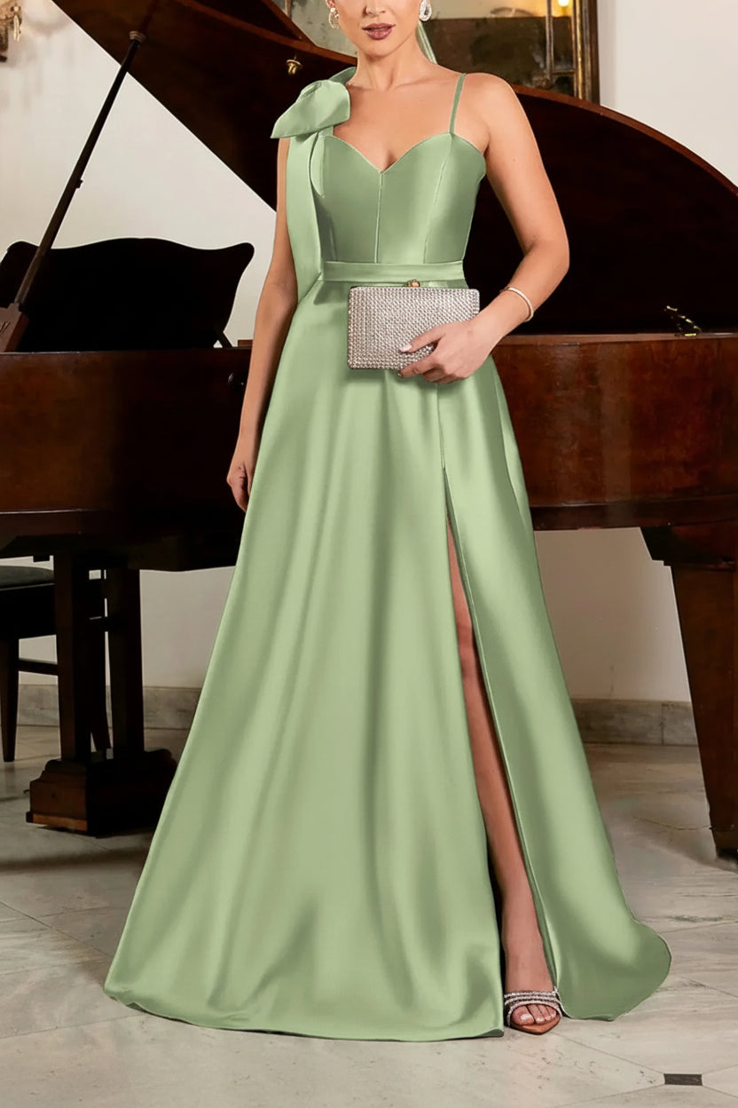 Elegant A-Line Sweetheart Bow High Slit Satin Sage Green Floor-Length Prom Dresses