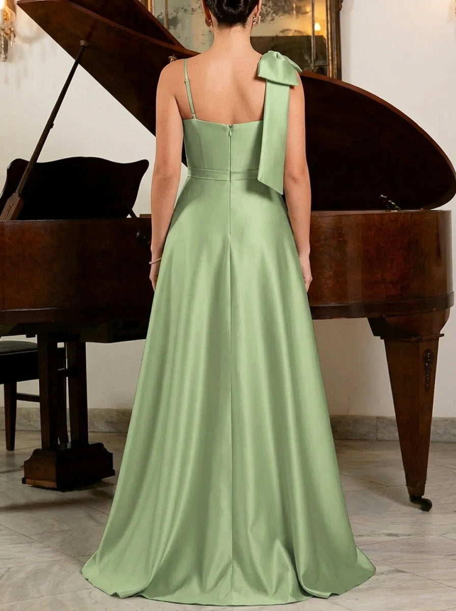 Elegant A-Line Sweetheart Bow High Slit Satin Sage Green Floor-Length Prom Dresses