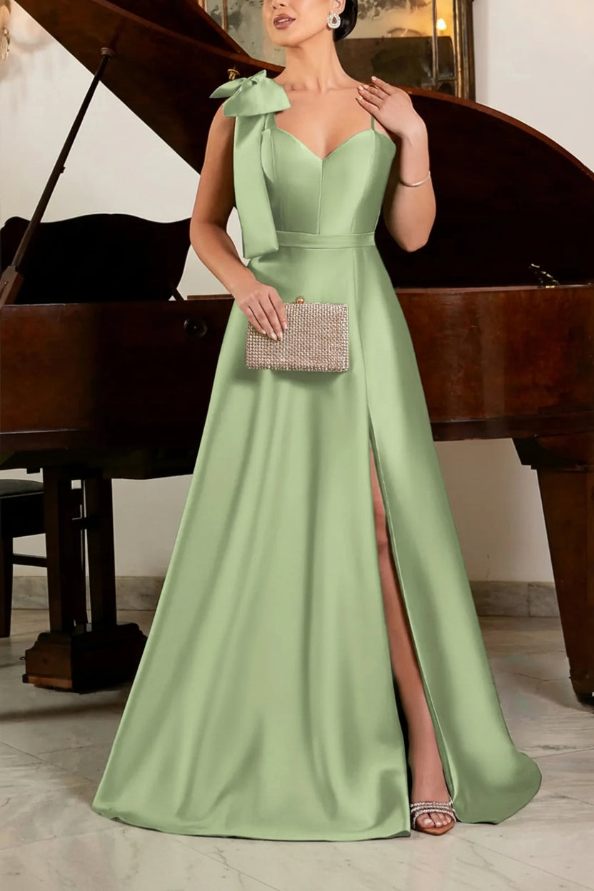 Elegant A-Line Sweetheart Bow High Slit Satin Sage Green Floor-Length Prom Dresses