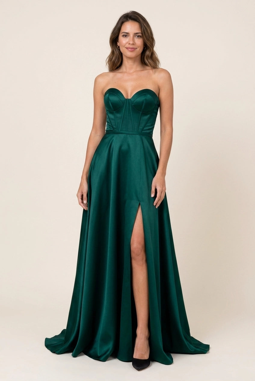 Elegant A-Line Sweetheart Corset High Slit Satin Emerald Green Long Prom Dress