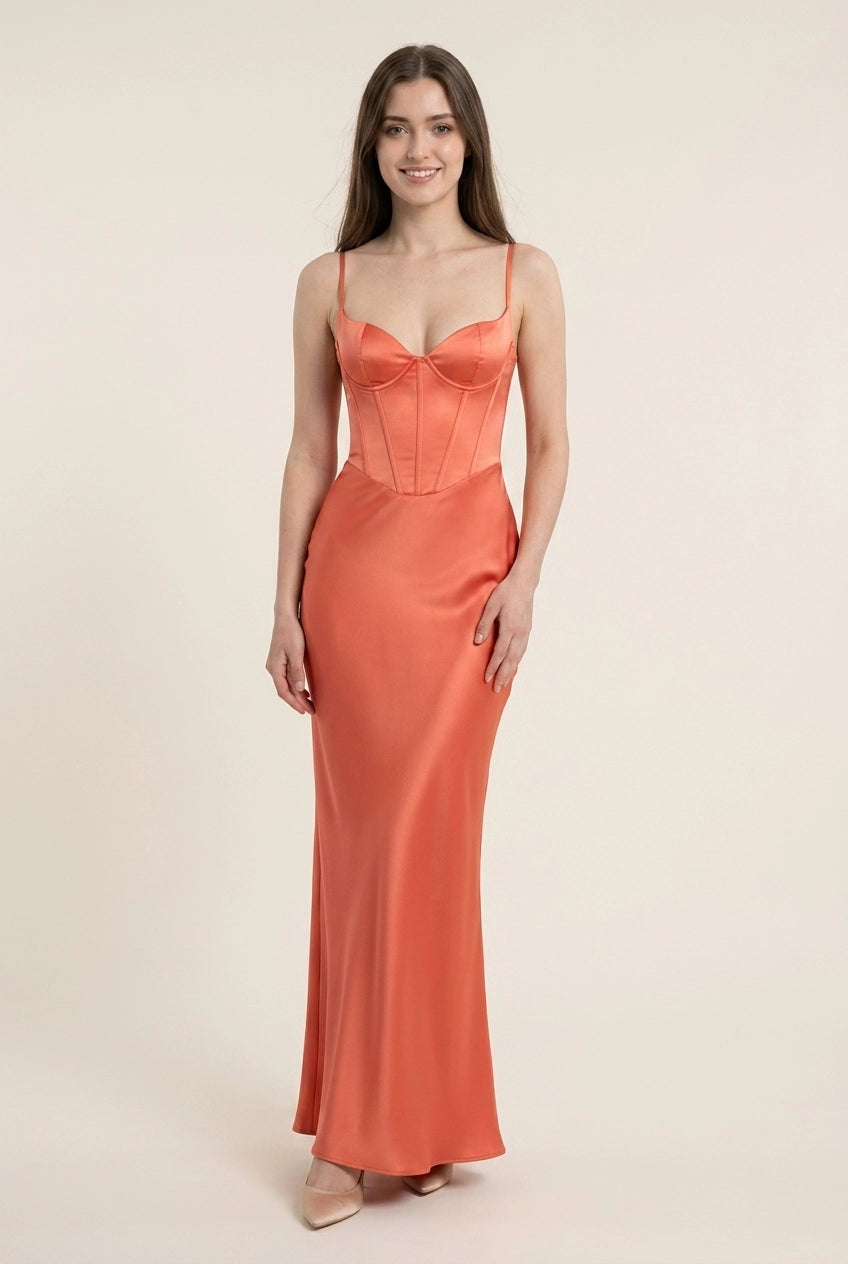 Elegant A-Line Sweetheart Corset Satin Coral Floor-Length Prom Dress For Women