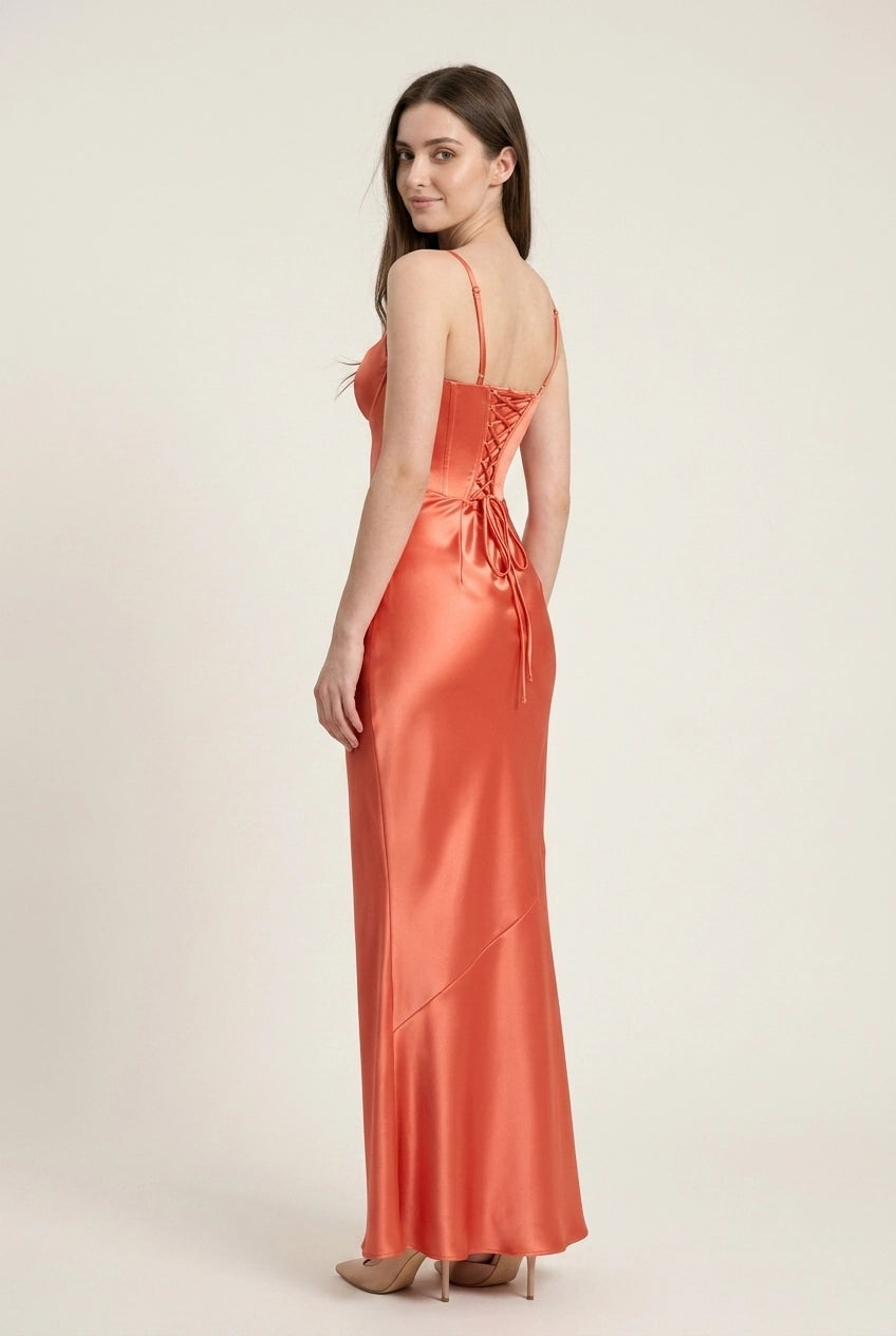 Elegant A-Line Sweetheart Corset Satin Coral Floor-Length Prom Dress For Women