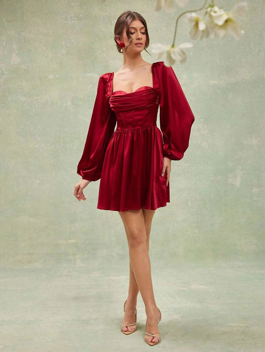 Elegant A-Line Sweetheart Long Sleeve Ruched Satin Red Mini Homecoming Dress