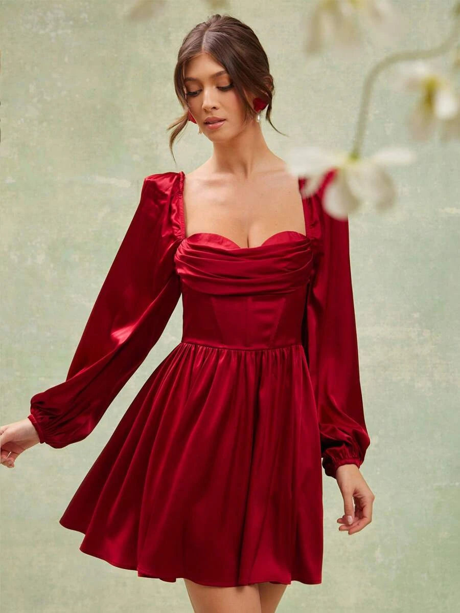 Elegant A-Line Sweetheart Long Sleeve Ruched Satin Red Mini Homecoming Dress