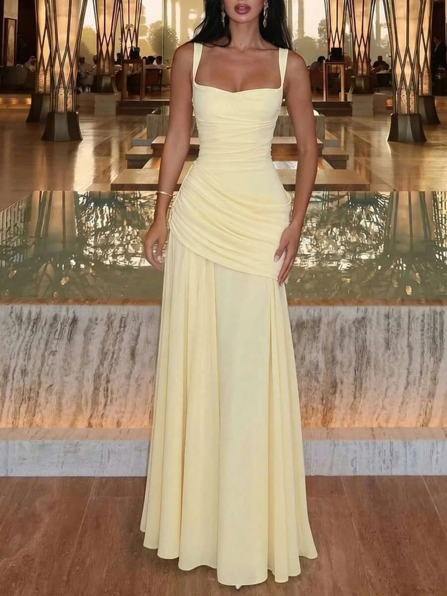 Elegant A-Line Sweetheart Ruched Draped Light Yellow Floor-Length Prom Dress