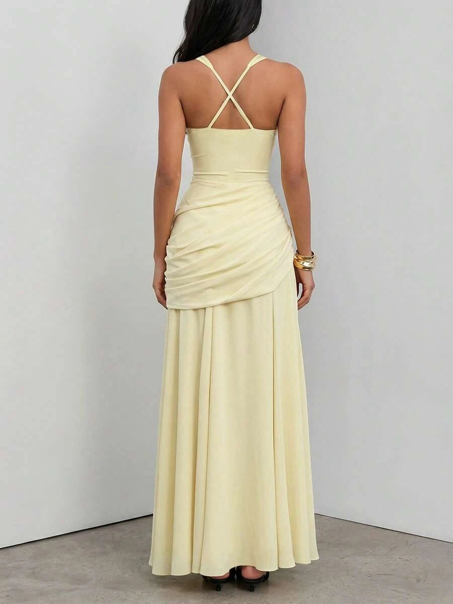 Elegant A-Line Sweetheart Ruched Draped Light Yellow Floor-Length Prom Dress