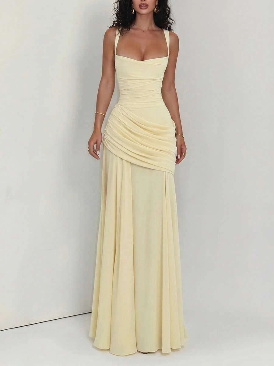 Elegant A-Line Sweetheart Ruched Draped Light Yellow Floor-Length Prom Dress