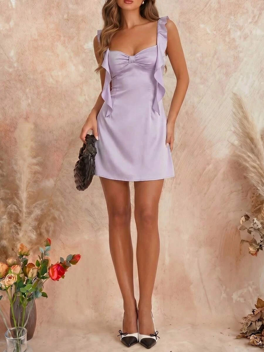 Elegant A-Line Sweetheart Ruffled Strap Bow Front Satin Lavender Mini Homecoming Dresses
