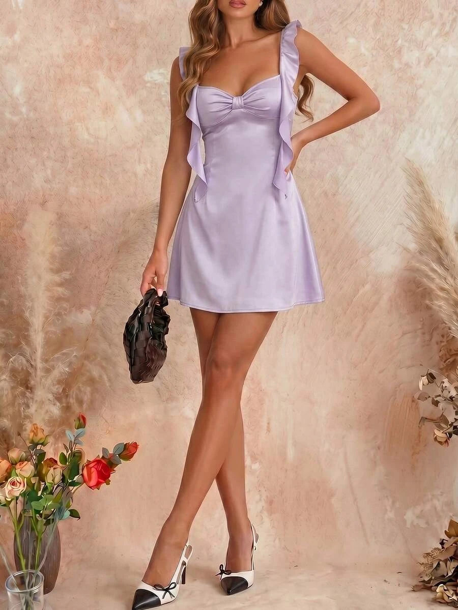 Elegant A-Line Sweetheart Ruffled Strap Bow Front Satin Lavender Mini Homecoming Dresses