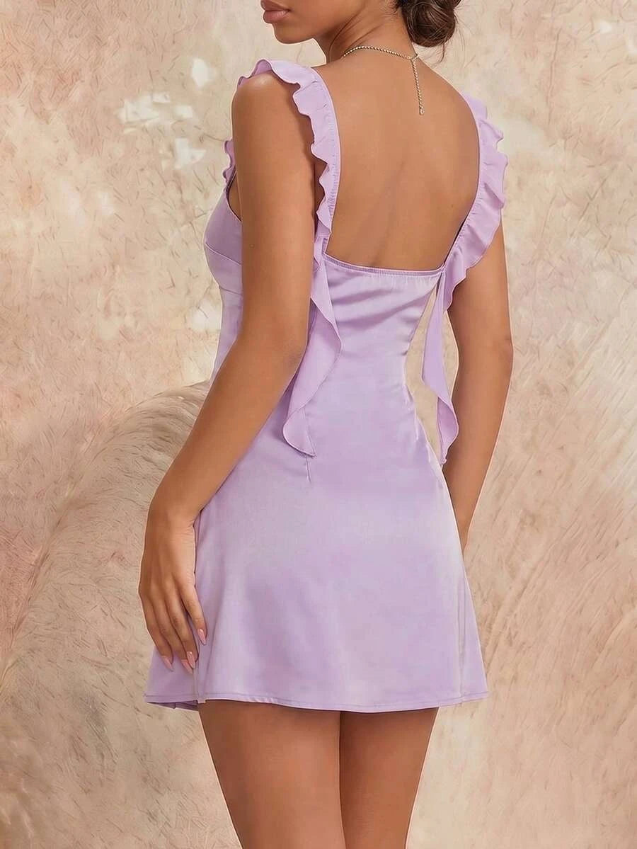 Elegant A-Line Sweetheart Ruffled Strap Bow Front Satin Lavender Mini Homecoming Dresses