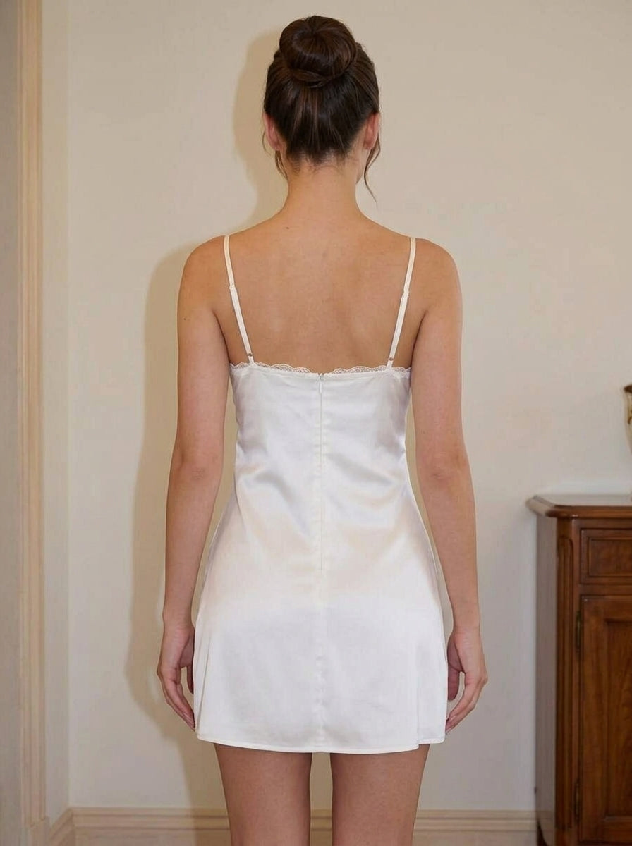 Elegant A-Line Sweetheart Spaghetti Straps Lace Satin Ivory Mini Homecoming Dress