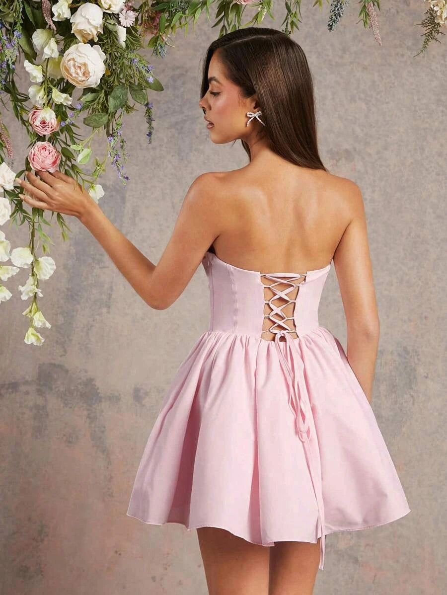 Elegant A-Line Sweetheart Strapless Corset Pleated Pink Short Homecoming Dress