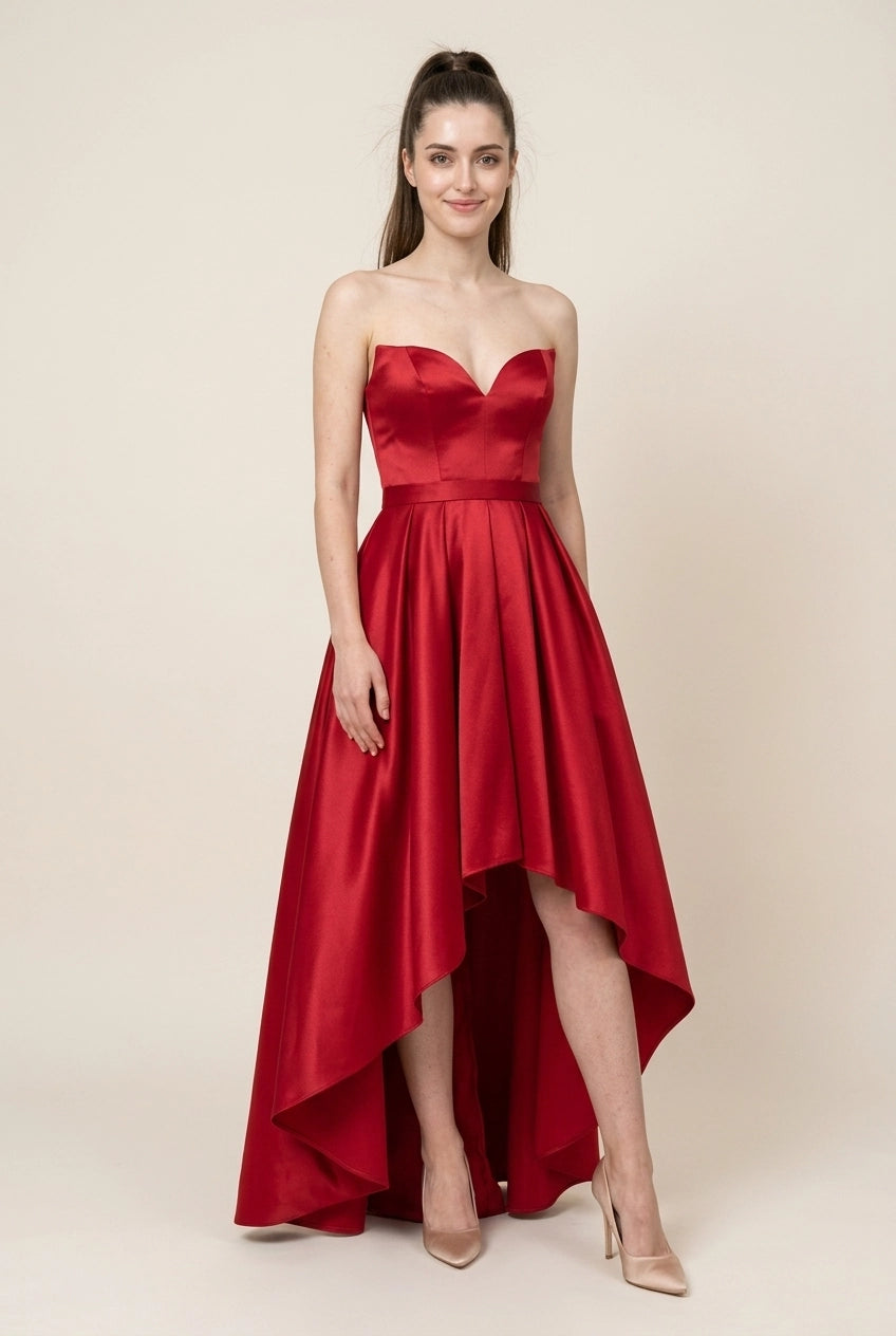 Elegant A-Line Sweetheart Strapless Pleated Satin Red High-Low Prom Dress