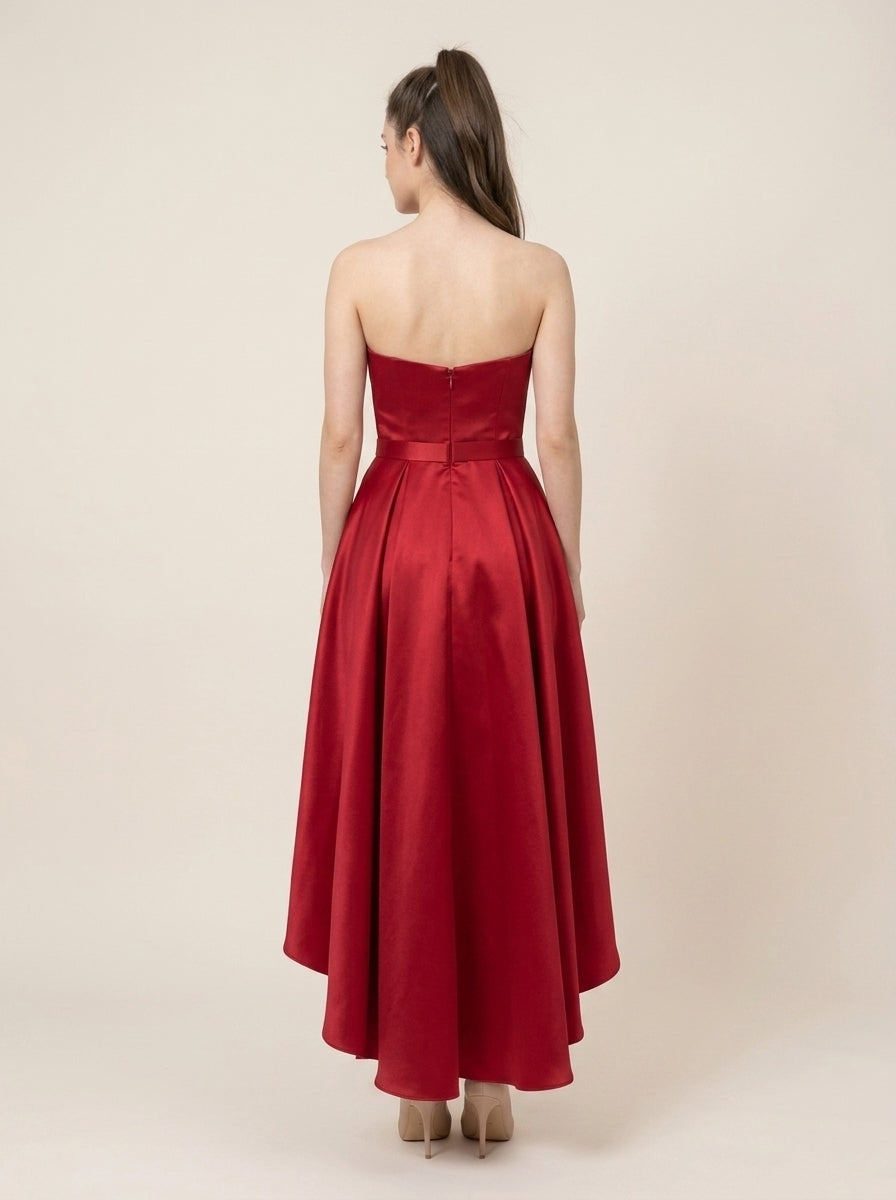 Elegant A-Line Sweetheart Strapless Pleated Satin Red High-Low Prom Dress
