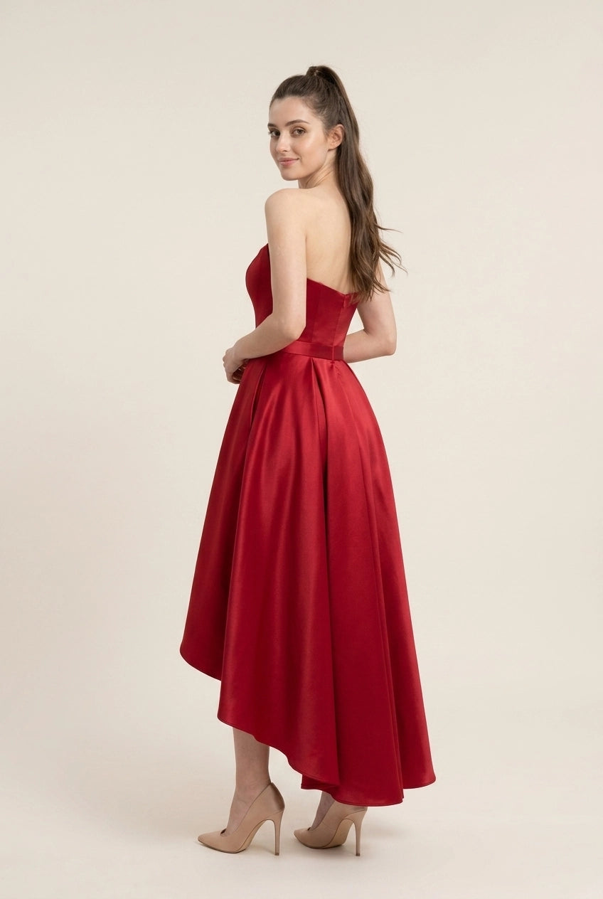 Elegant A-Line Sweetheart Strapless Pleated Satin Red High-Low Prom Dress