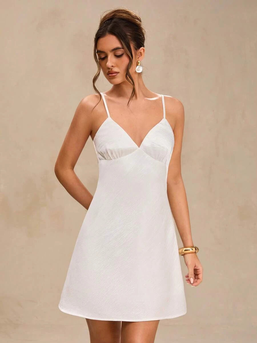 Elegant A-Line V-Neck Backless Lace-Tie Satin White Mini Homecoming Dress