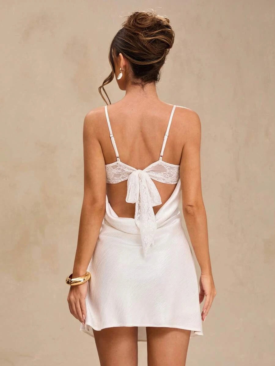 Elegant A-Line V-Neck Backless Lace-Tie Satin White Mini Homecoming Dress