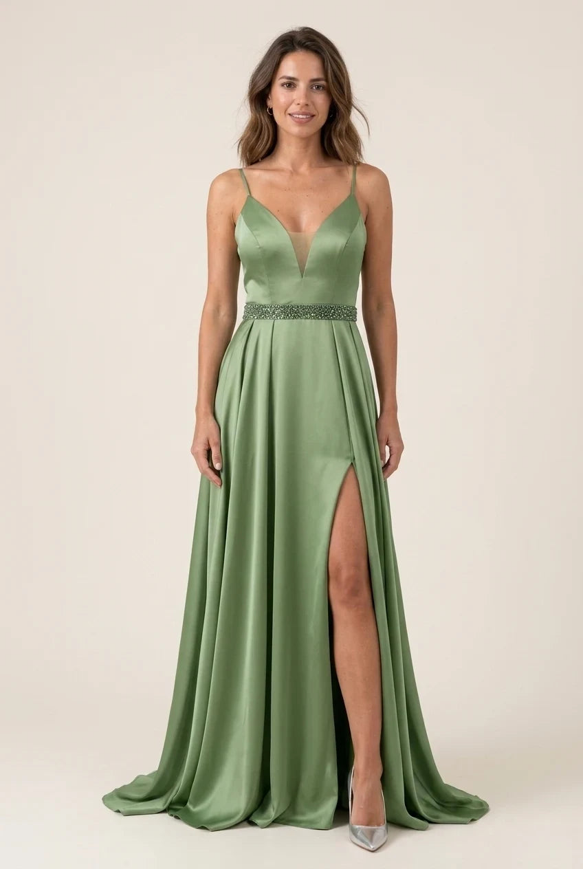 Elegant A-Line V-Neck Beaded Waist High Slit Satin Sage Green Floor-Length Prom Dress
