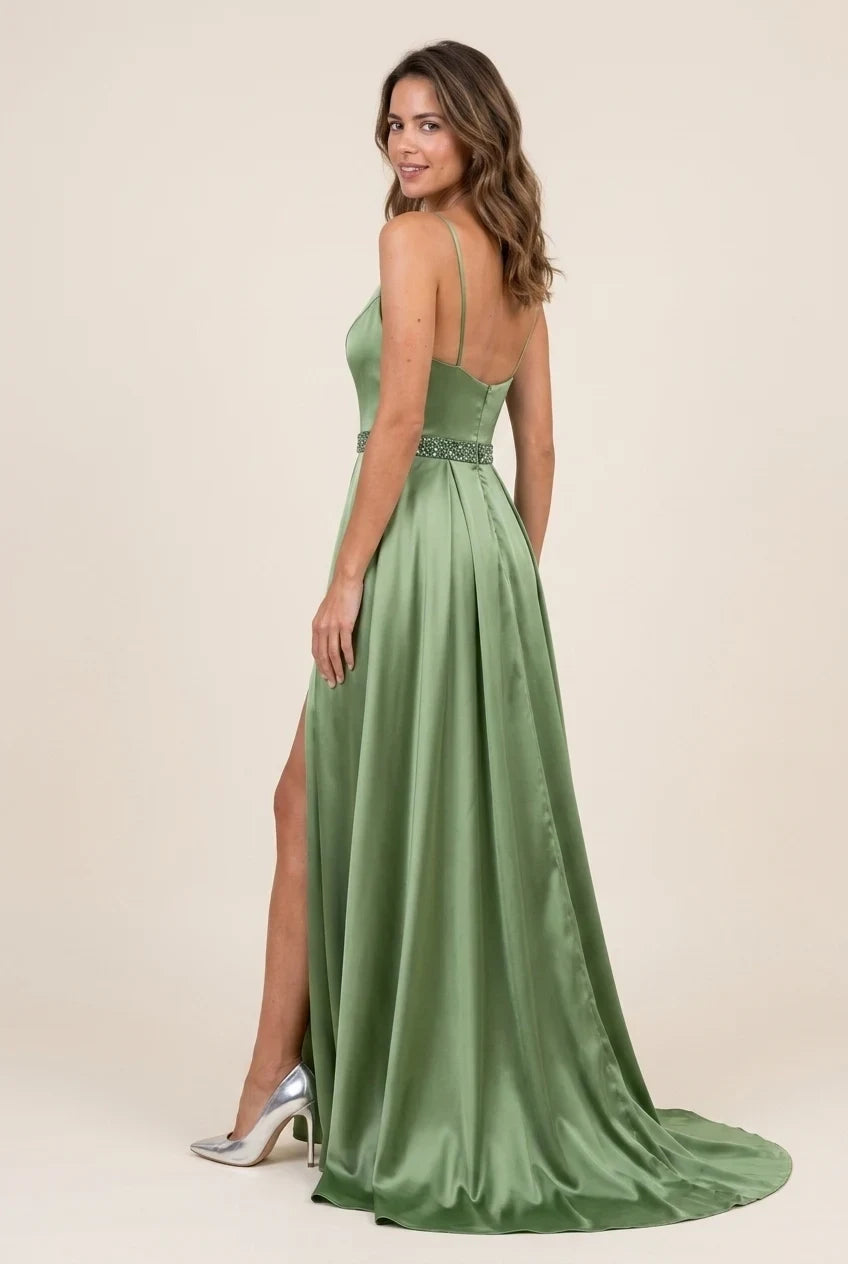 Elegant A-Line V-Neck Beaded Waist High Slit Satin Sage Green Floor-Length Prom Dress