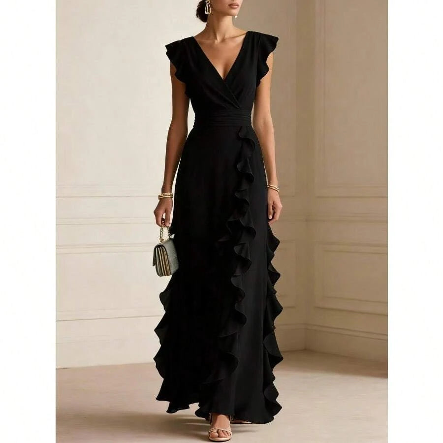 Elegant A-Line V-Neck Cap Sleeve Ruffled Wrap Black Floor-Length Prom Dress