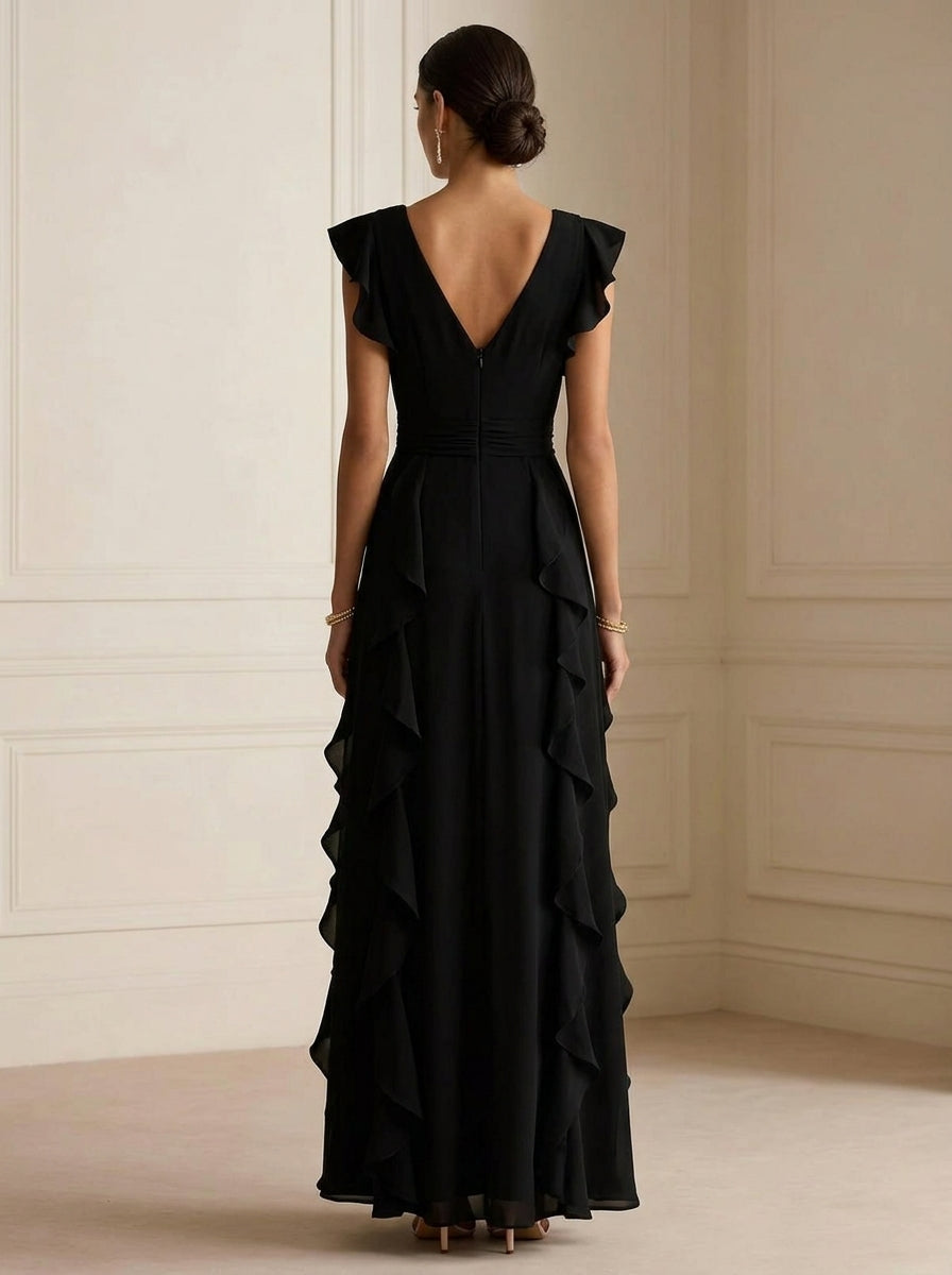 Elegant A-Line V-Neck Cap Sleeve Ruffled Wrap Black Floor-Length Prom Dress