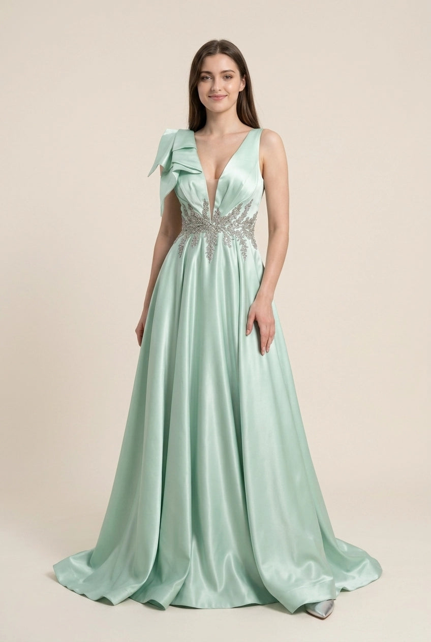 Elegant A-Line V-Neck Embellished Bow Mint Green Floor-Length Prom Dress