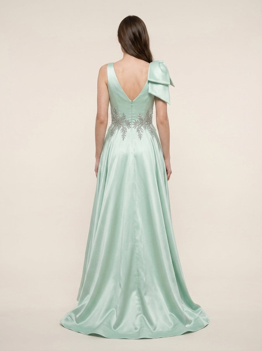Elegant A-Line V-Neck Embellished Bow Mint Green Floor-Length Prom Dress