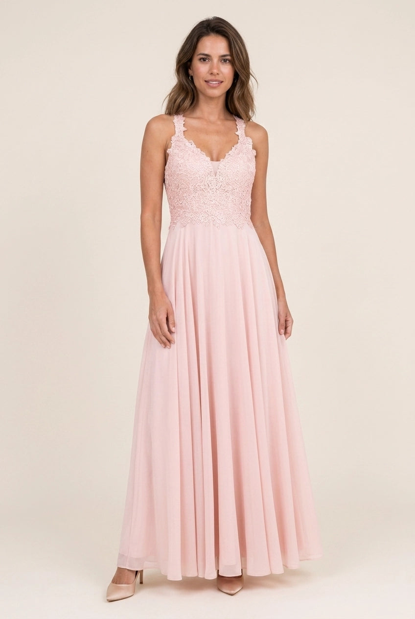 Elegant A-Line V-Neck Lace Applique Flowy Chiffon Blush Floor-Length Prom Dress