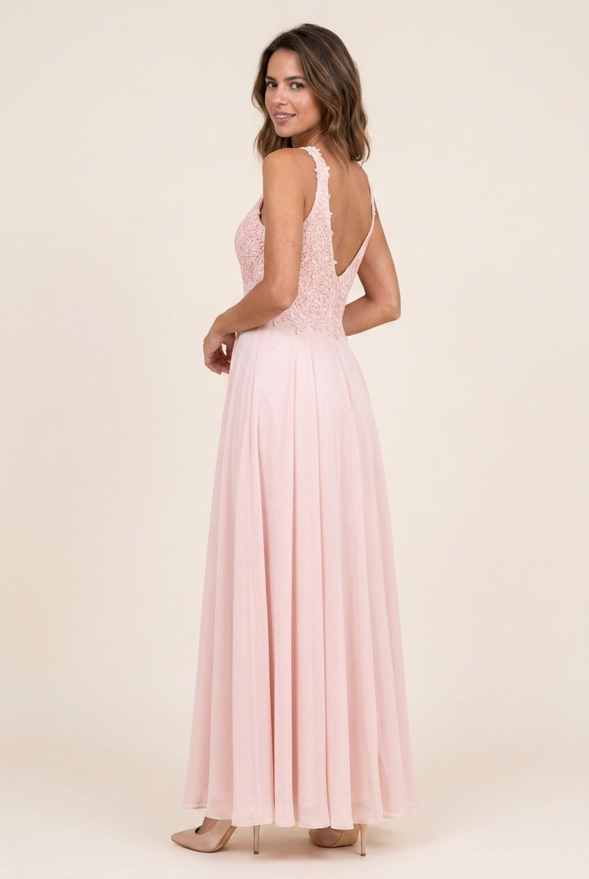 Elegant A-Line V-Neck Lace Applique Flowy Chiffon Blush Floor-Length Prom Dress