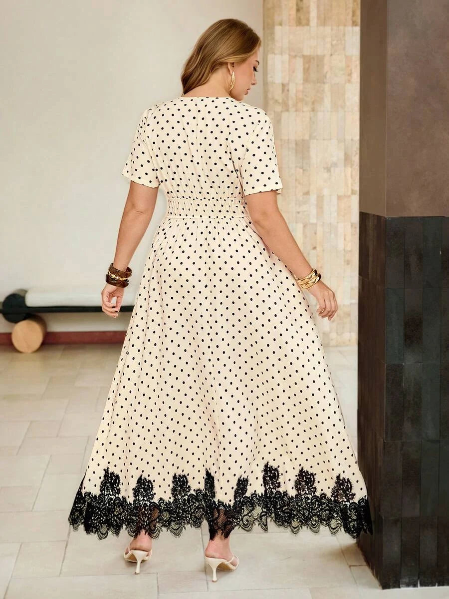 Elegant A-Line V-Neck Short Sleeves Polka Dot Beige Maxi Prom Dress Hot Sale