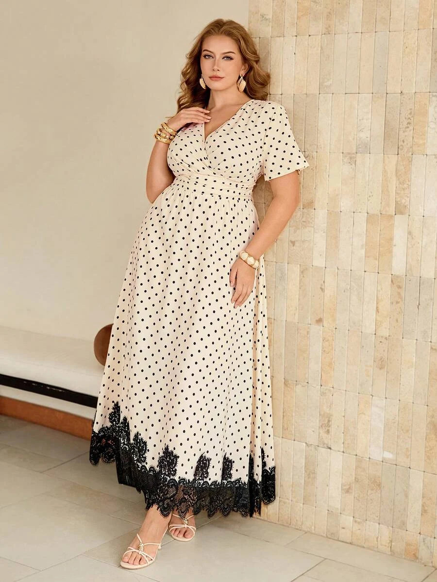 Elegant A-Line V-Neck Short Sleeves Polka Dot Beige Maxi Prom Dress Hot Sale