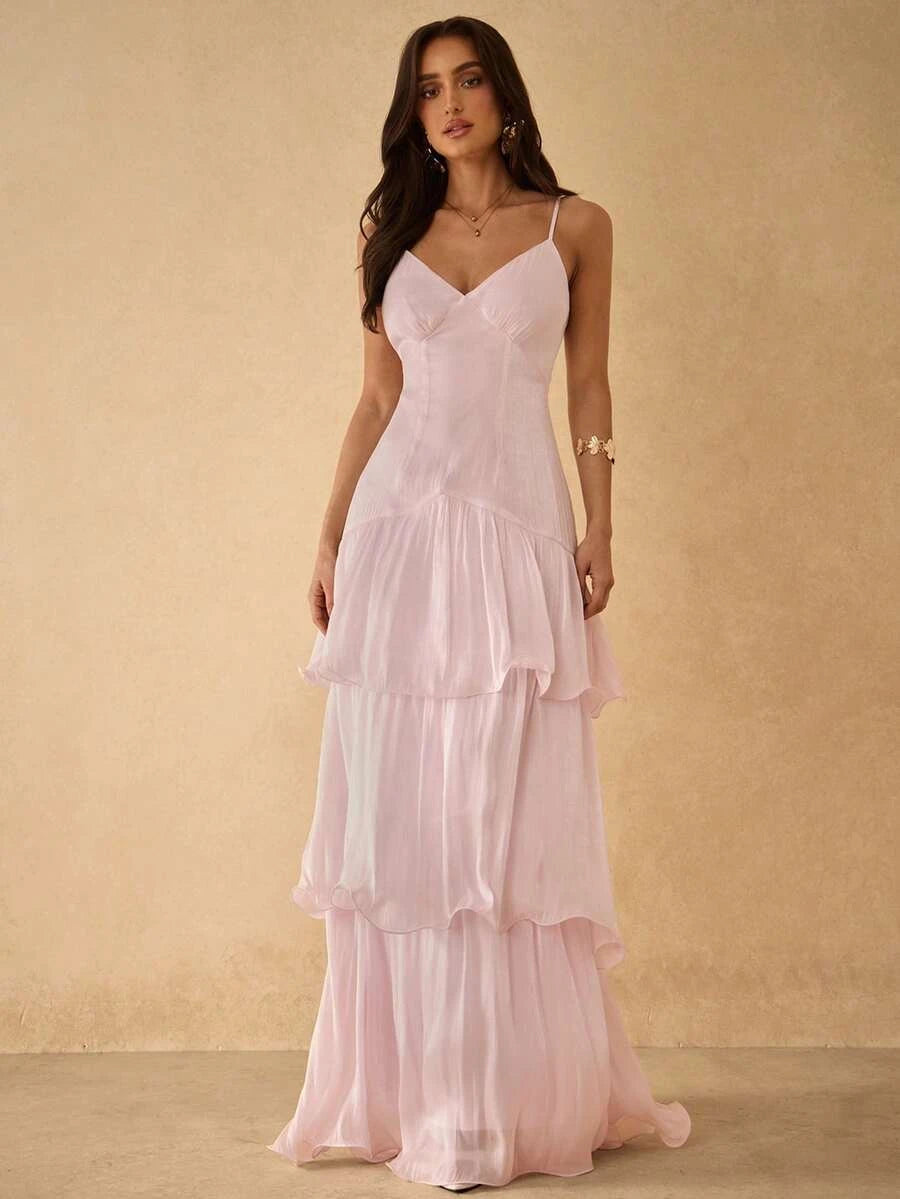 Elegant A-Line V-Neck Tiered Ruffle Solid Color Light Pink Maxi Prom Dress