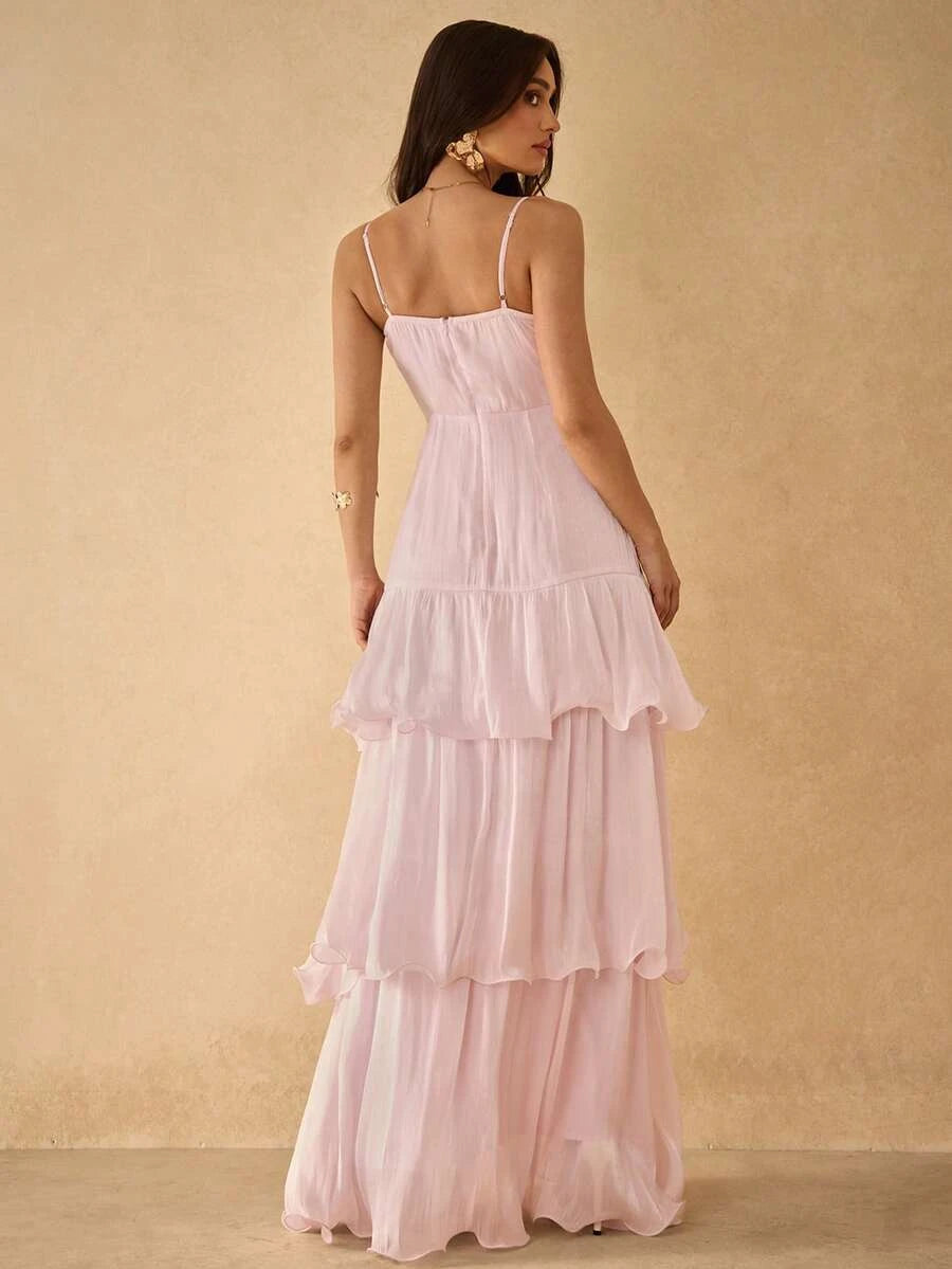 Elegant A-Line V-Neck Tiered Ruffle Solid Color Light Pink Maxi Prom Dress