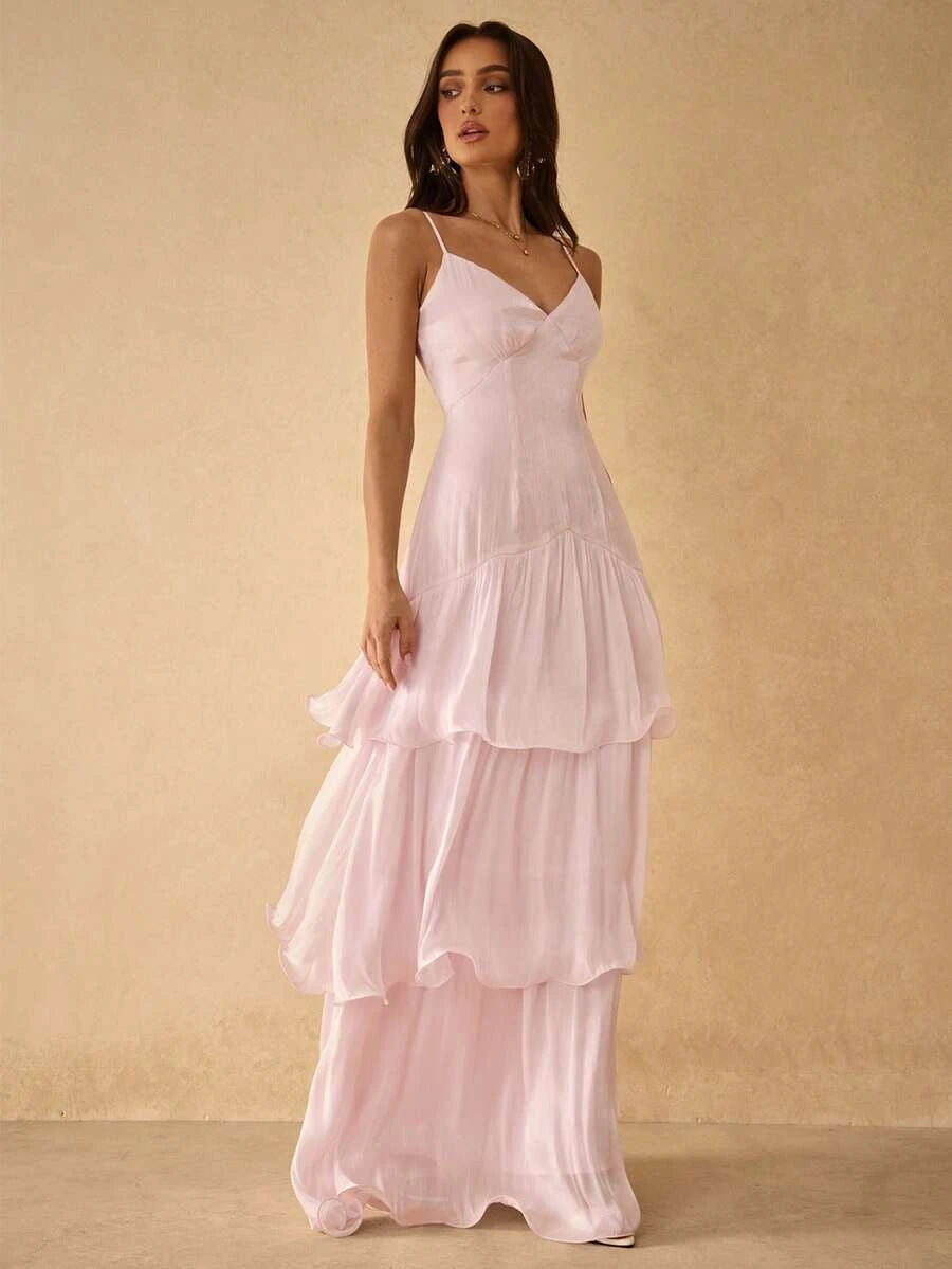 Elegant A-Line V-Neck Tiered Ruffle Solid Color Light Pink Maxi Prom Dress